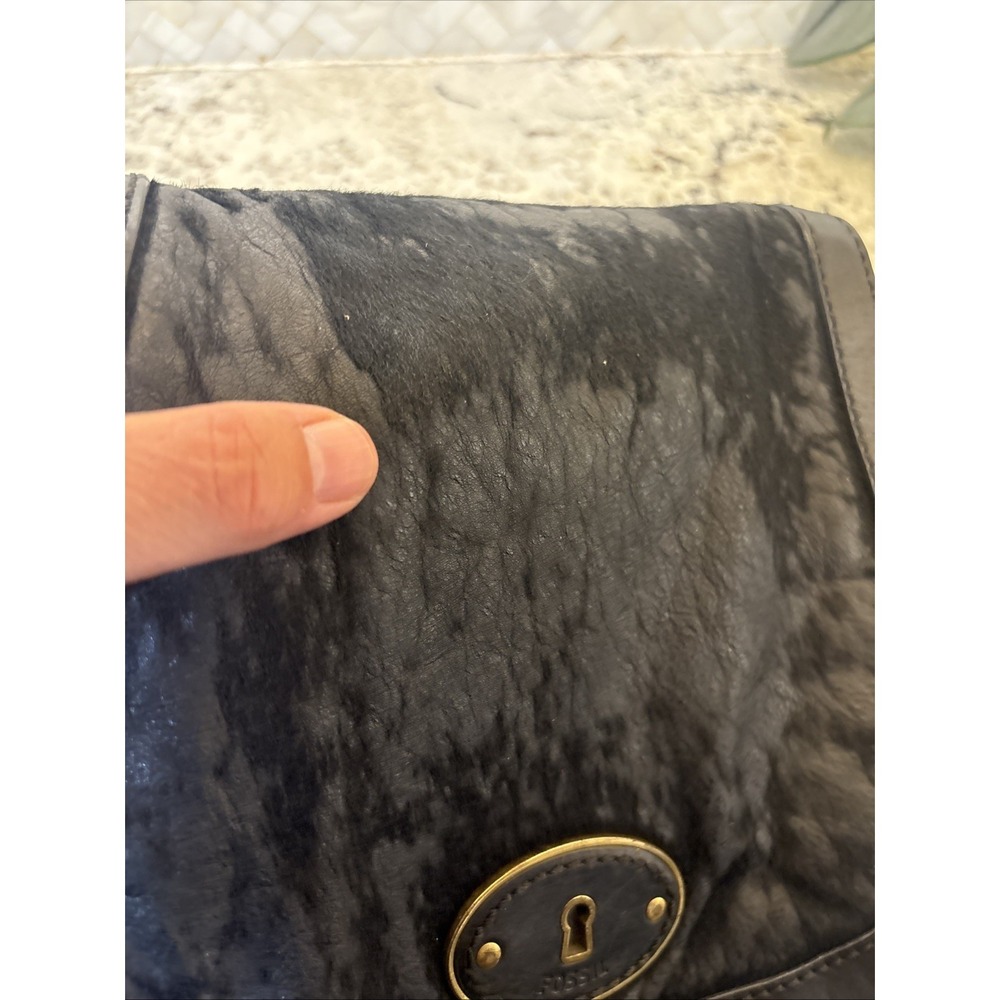 BTG FOSSIL REISSUE Black Leather Flap Calf Hair Crossbody Purse Saddle Bag READ - Picture 14 of 16